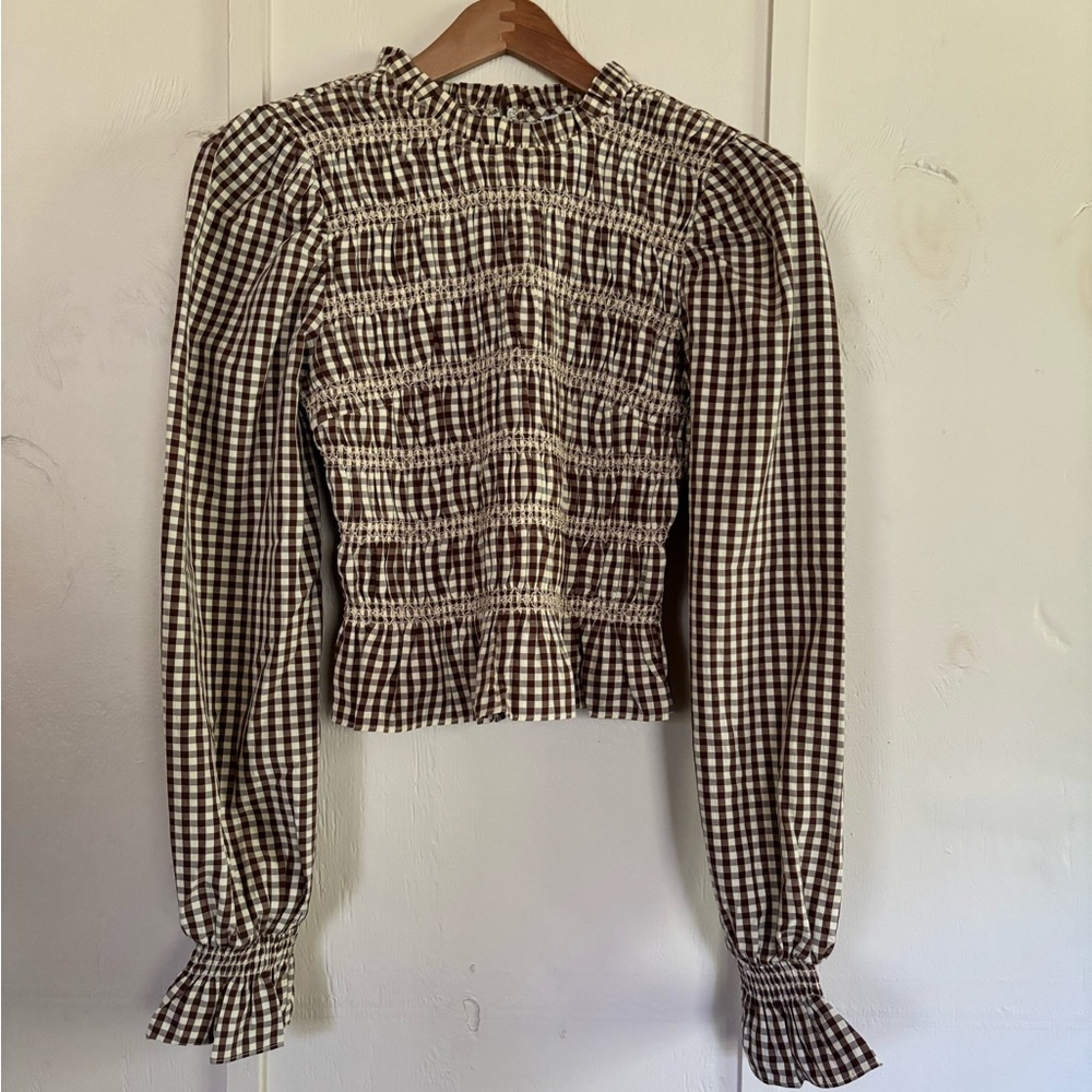 Brown Gingham blouse with Puff sleeves